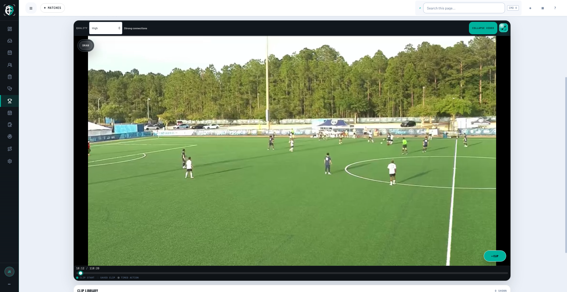 Real OneClub match video workspace with playback, drawing and clip controls